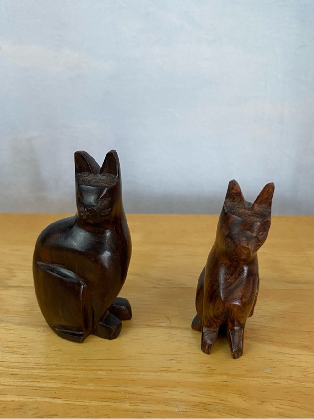 Carved Wood Cat Figurines - Pair